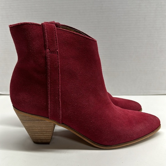 Frye Marley Ankle Boot Heeled Bootie Pull Tab Suede Shoes Raspberry Red Size 8 - Picture 4 of 9